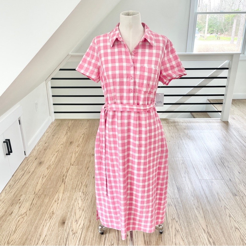 NWT M L pink and white collared linen dress with pockets